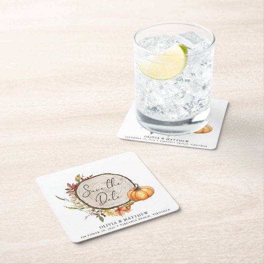 Rustikales Fall Foto Wood Slice Boho Save the Date Rechteckiger Pappuntersetzer (Vor Ort)