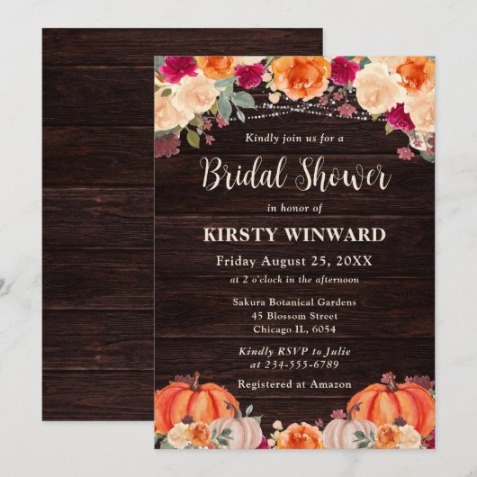 Rustikales Fall Orange Pumpkin Floral Brautparty Einladung (Vorne/Hinten)