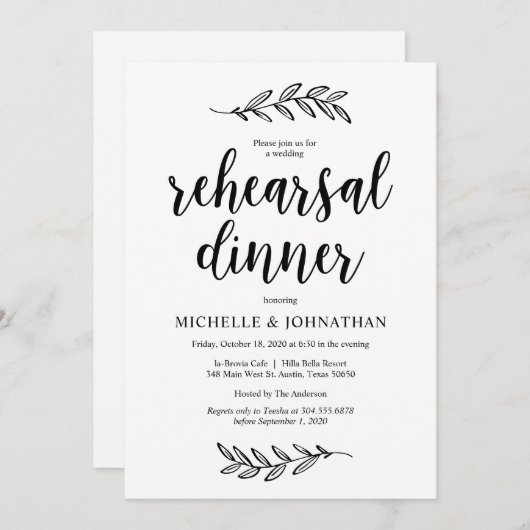 Rustikales Farm Black Script, Hochzeit Probe Dinne Einladung (Vorne/Hinten)