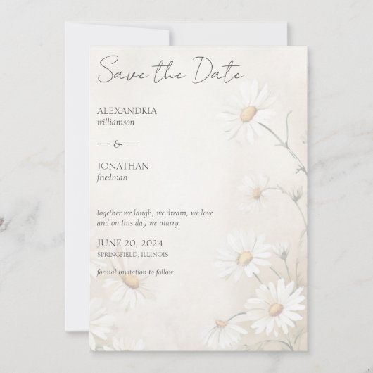 Rustikales Feld der Hochzeit von Daisies Save The Date (Vorderseite)