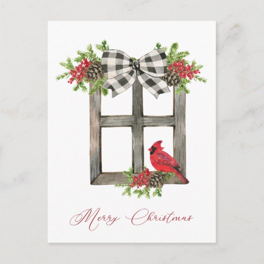 Rustikales Fenster mit rotem Kardinal, Bow, Grünfl Postkarte (Vorderseite)