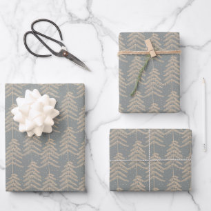 Rustikales Ferien-Tannenbaum-Muster Grau Goldbraun Geschenkpapier Set