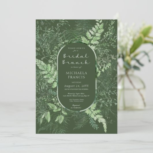 Rustikales Fern Green Foliage Emerald Bridal Brunc Einladung (Stehend Vorderseite)