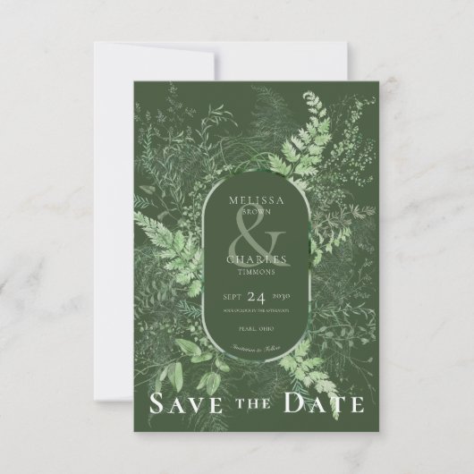 Rustikales Fern Green Foliage Emerald Green Save The Date (Vorderseite)