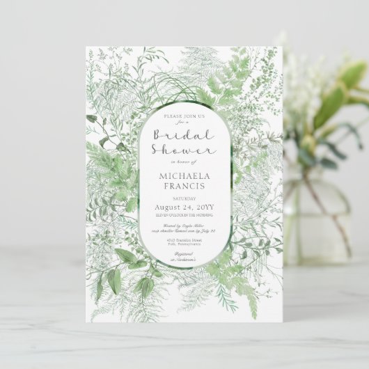 Rustikales Fern Green Foliage Weißes Brautparty Einladung (Stehend Vorderseite)