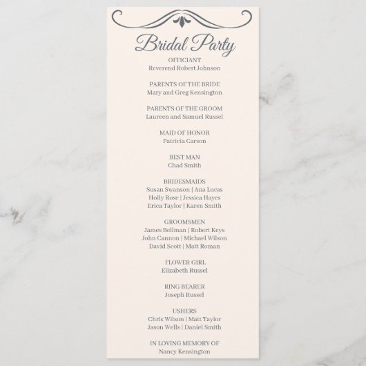 Rustikales Filigree-Hochzeitsprogramm Menükarte (Rückseite)