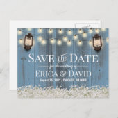 Rustikales Floral Lantern Dusty Blau Save the Date Ankündigungspostkarte (Vorne/Hinten)