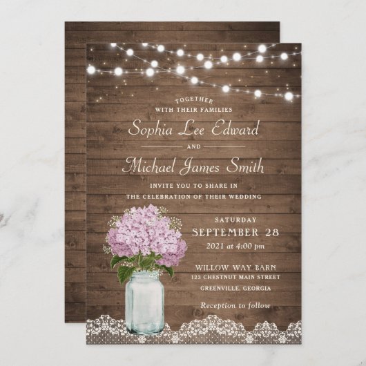 Rustikales Floral Lilac Hydrangea Mason Jar Lace L Einladung (Vorne/Hinten)