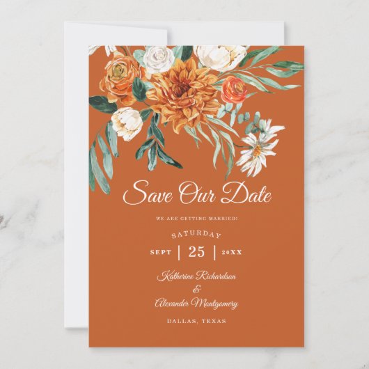 Rustikales Floral Terracotta fall Foto Hochzeit Save The Date (Vorderseite)