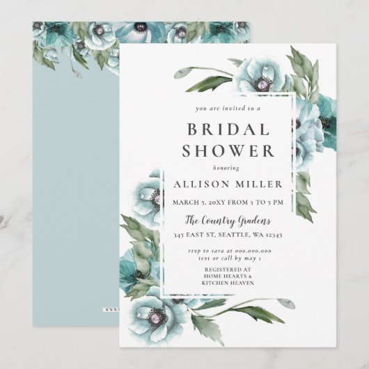 Rustikales, florales blaues Brautparty Einladung (Vorne/Hinten)