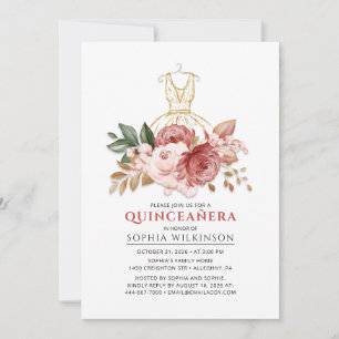 Rustikales Florales Faux-Gold-Kleid Quinceanera 15 Einladung