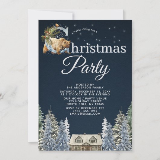 Rustikales Forest Cabin Bären Sterne Weihnachts-Pa Einladung (Vorderseite)