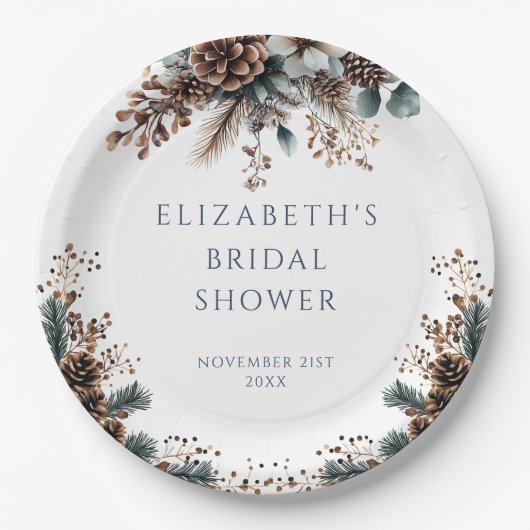 Rustikales Forest Floral Pinecones Brautparty Pappteller (Vorderseite)