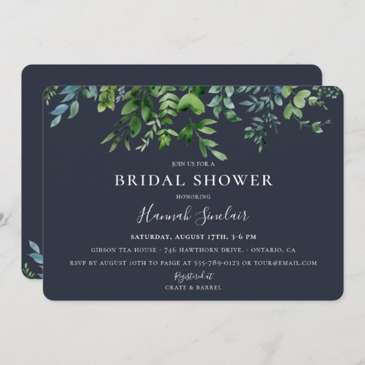 Rustikales Forest Foliage Navy Blue Brautparty Einladung (Vorne/Hinten)