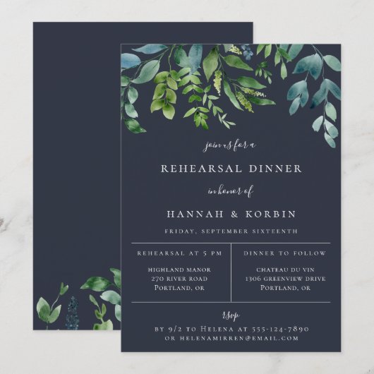 Rustikales Forest Foliage Navy Blue Probe Dinner Ankündigung (Vorne/Hinten)