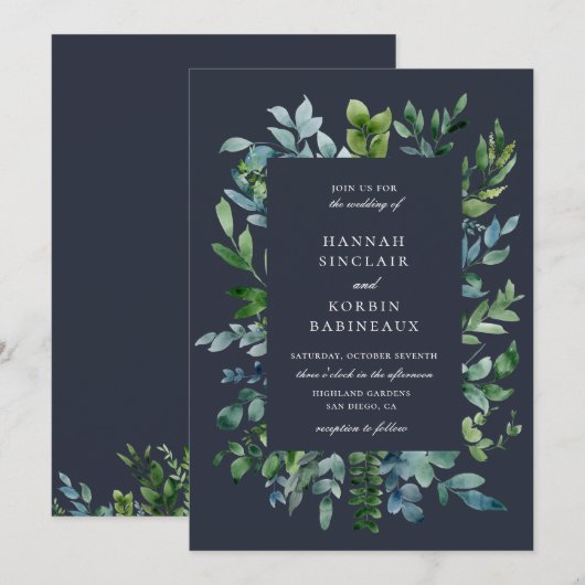 Rustikales Forest Foliage Navy Blue Wedding Einladung (Vorne/Hinten)
