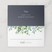 Rustikales Forest Foliage Navy Blue Wedding Platzkarte (Außenseite Aufgefaltet)