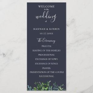 Rustikales Forest Foliage Navy Blue Wedding Programm
