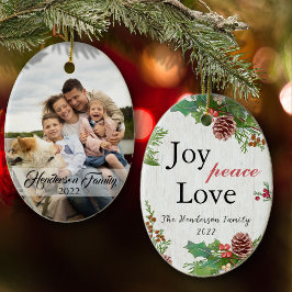 Rustikales Foto 2-seitige Joy Peace Liebe Xmas Keramik Ornament