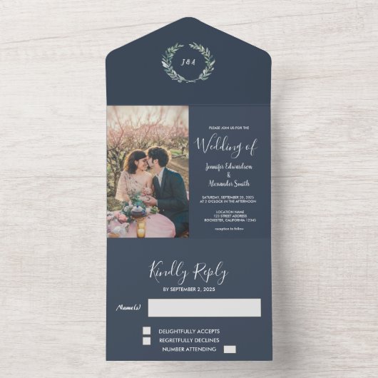 Rustikales Foto Aquarell Blätter Hochzeit All In One Einladung (Innen Boden)