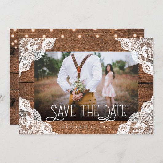 Rustikales Foto aus Holz und Leuchten Save the Dat Save The Date (Vorne/Hinten)