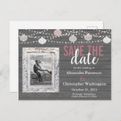 Rustikales Foto aus Holz und String-Lights Save th Einladungspostkarte (Vorne/Hinten)