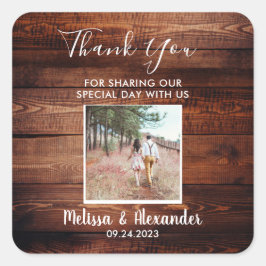 Rustikales Foto aus Stallholz Hochzeit Vielen Dank Quadratischer Aufkleber