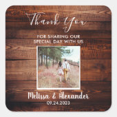Rustikales Foto aus Stallholz Hochzeit Vielen Dank Quadratischer Aufkleber (Vorderseite)