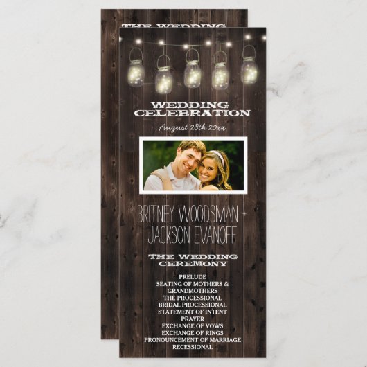 Rustikales Foto Barn Wood Mason Jar Hochzeitsprogr Programm (Vorne/Hinten)