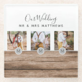 Rustikales Foto Collage Monogram NEWLYWEDS WEDS Glasuntersetzer (Vorderseite)