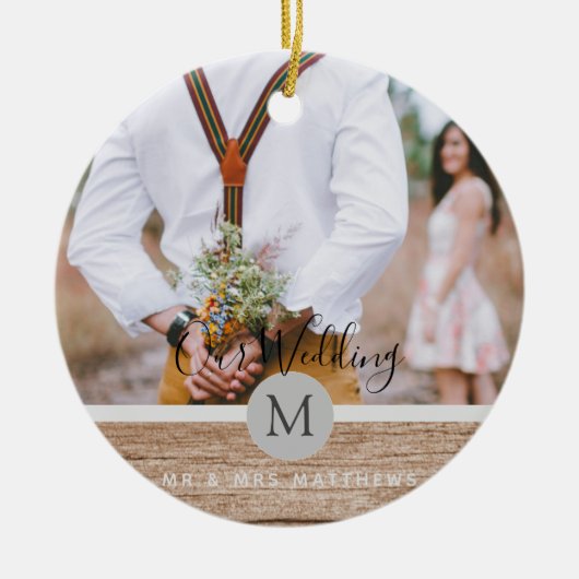 Rustikales Foto Collage Monogram NEWLYWEDS WEDS Keramik Ornament (Vorne)