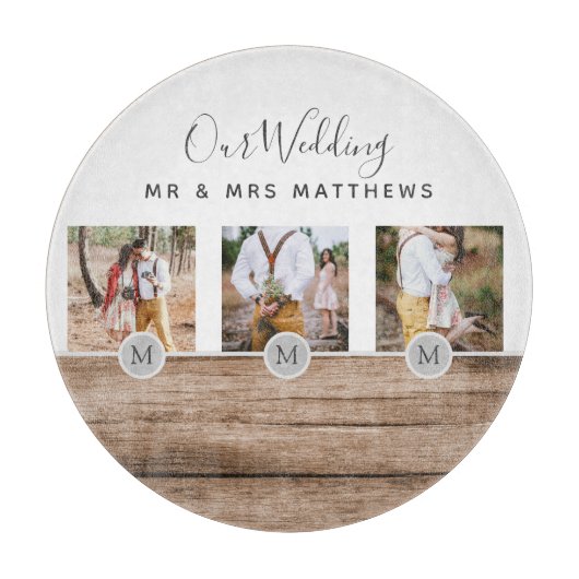 Rustikales Foto Collage Monogram NEWLYWEDS WEDS Schneidebrett (Vorderseite)