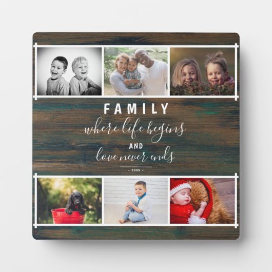 Rustikales Foto Collage Script Sprichwort Keepake Fotoplatte (Vorderseite)