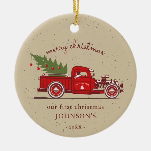 Rustikales Foto für den ersten Weihnachtsroten LKW Keramik Ornament (Vorne)