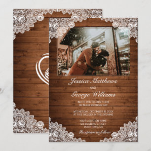 Rustikales Foto für Hochzeiten von Holz und Weißsp Einladung