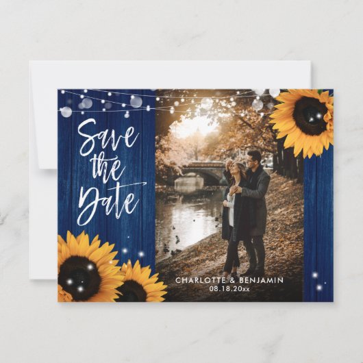 Rustikales Foto für Hochzeitsfeiern mit blauer Son Save The Date (Vorderseite)
