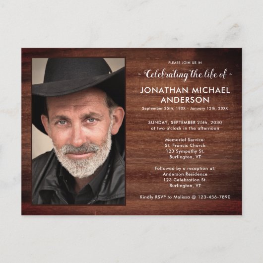 Rustikales Foto Gedenkfeier Einladungspostkarte (Vorderseite)