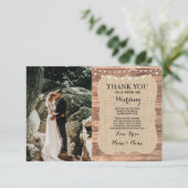 Rustikales Foto Hochzeit Danke Karte Burlap Wood (Stehend Vorderseite)
