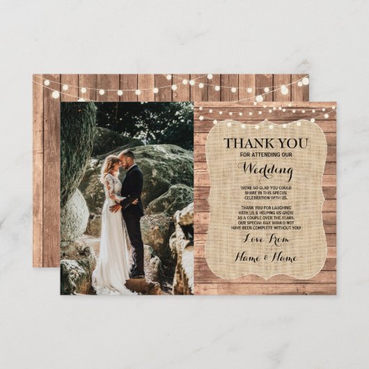 Rustikales Foto Hochzeit Danke Karte Burlap Wood (Vorne/Hinten)