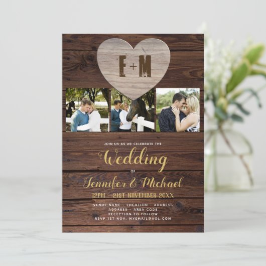 Rustikales FOTO Hochzeitseinladungen Goldkalligrap Einladung (Stehend Vorderseite)