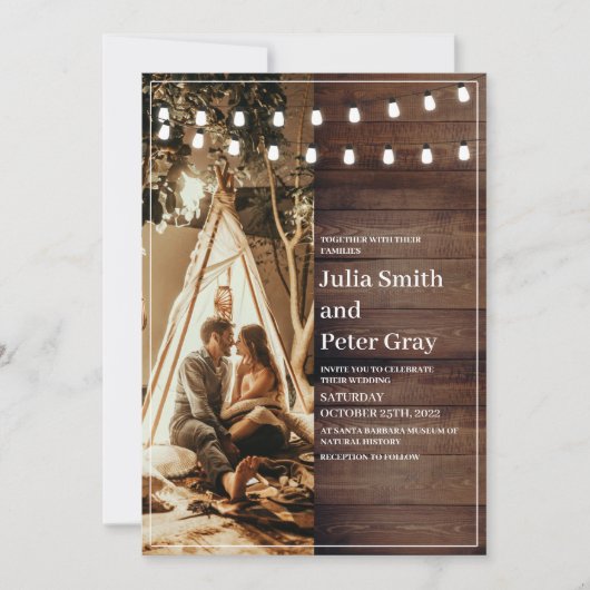 Rustikales Foto-Hochzeitsstimmung aus Holz Einladung (Vorderseite)