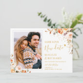 Rustikales Foto im Herbst mit Gold florale Hochzei Save The Date (Stehend Vorderseite)