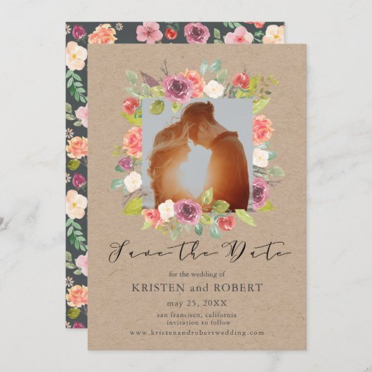 Rustikales Foto mit Blumenkranz Save the Date Kart (Vorne/Hinten)
