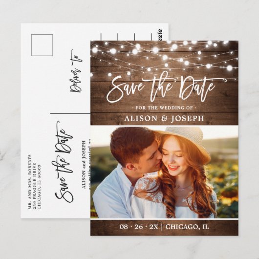 Rustikales Foto mit Holzstring Lights Save the Dat Postkarte (Vorne/Hinten)