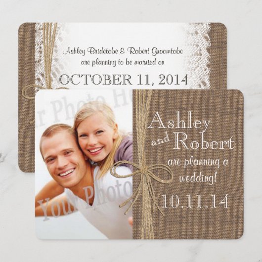 Rustikales Foto mit Spitzen und Bindfäden Save the Date (Vorne/Hinten)