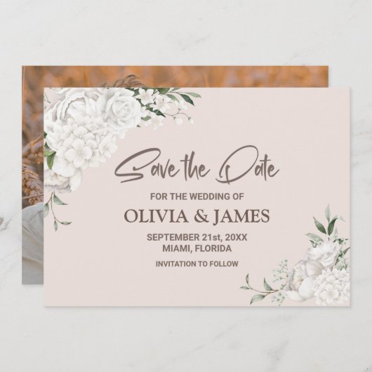 Rustikales Foto mit weißer Blüte Save The Date (Vorne/Hinten)