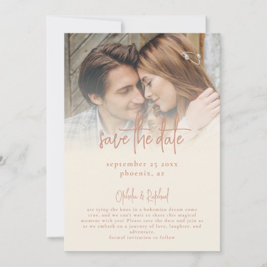 Rustikales Foto Overlay Skript QR Code Cream Weddi Save The Date (Vorderseite)