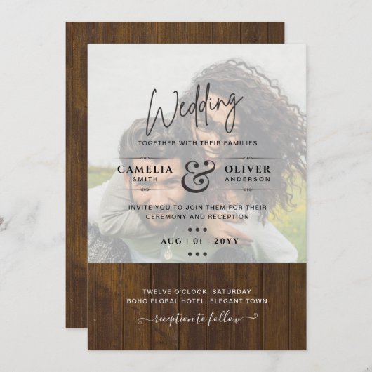 Rustikales FOTO OVERLAY Wedding INVITE QR Code UAW Einladung (Vorne/Hinten)