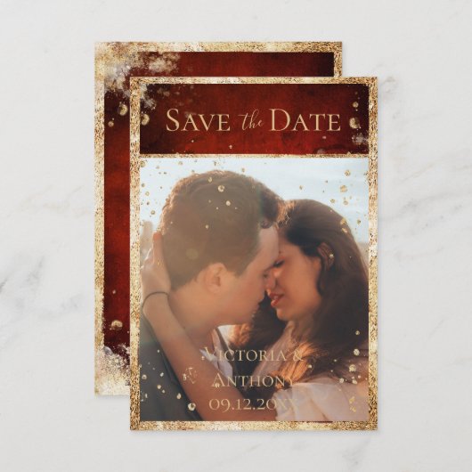 Rustikales Foto Red Gold Flat Save the Date (Vorne/Hinten)