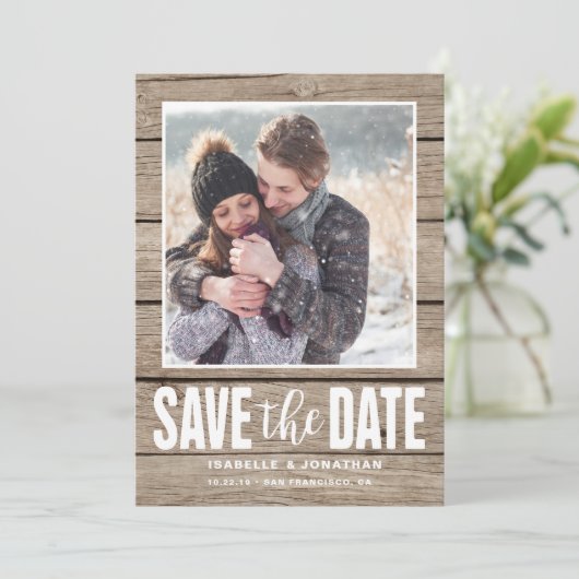 Rustikales Foto Save the Date aus hellem Holz (Stehend Vorderseite)